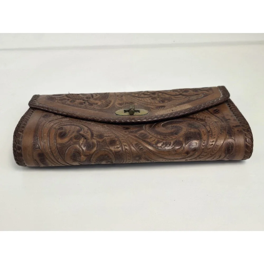 RARE‎ Vintage Brown Hand Tooled Leather Wallet Clutch , Gaiton - Made In Mexico